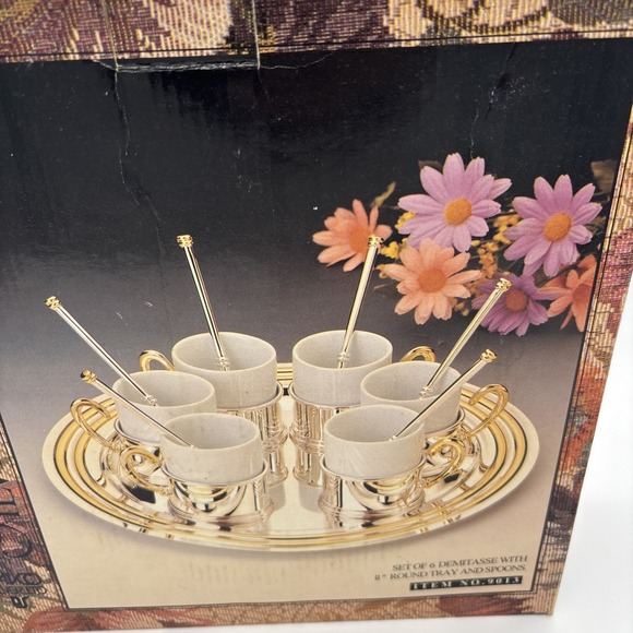 Vintage Davco Silver Gold Set  Set of 6 Demitasse w/11" Round Tray & Spoons New - Picture 3 of 6